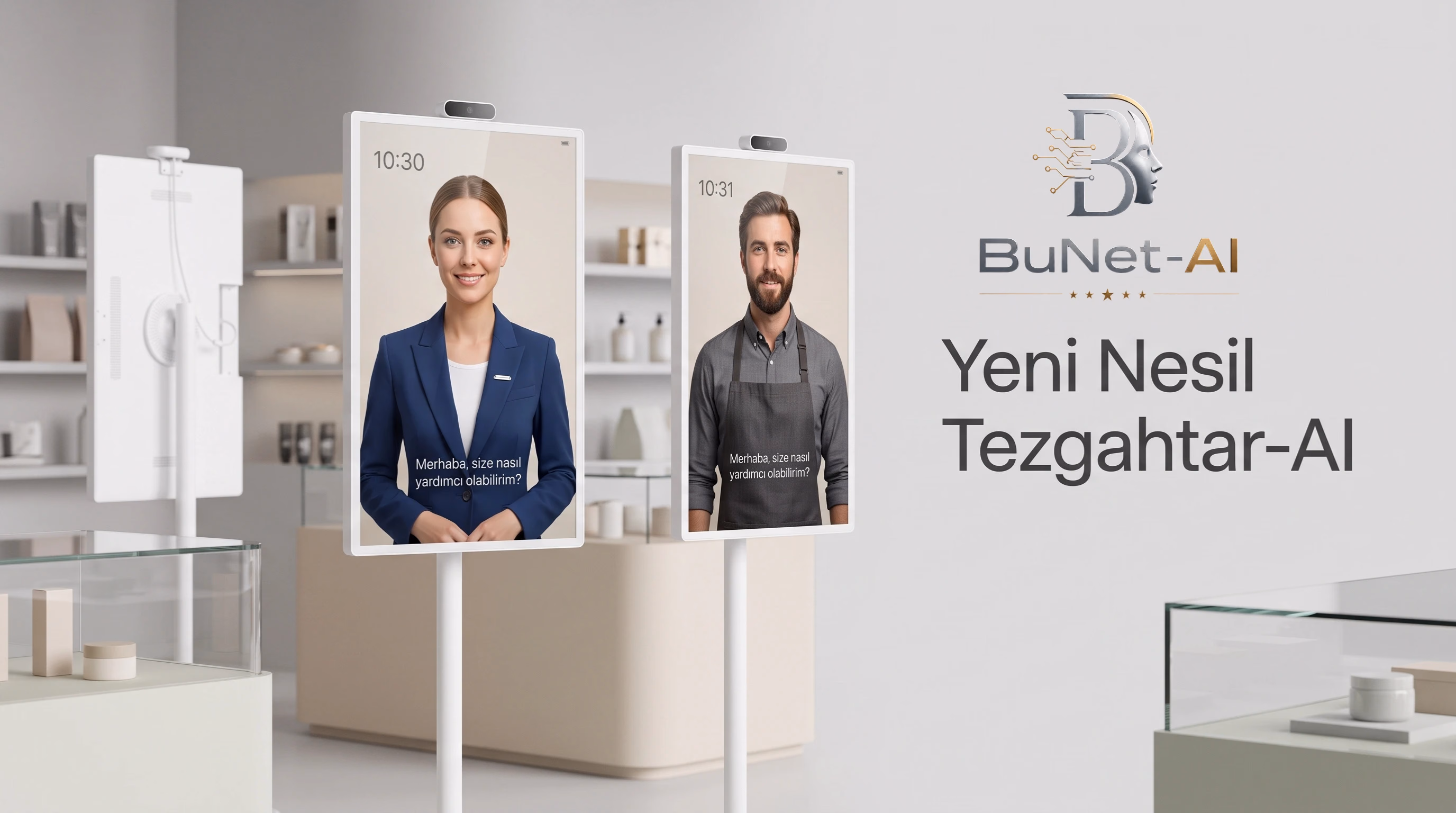 AI Avatar Tezgahtar ekranında güvenli veri ve mahremiyet odaklı deneyim
